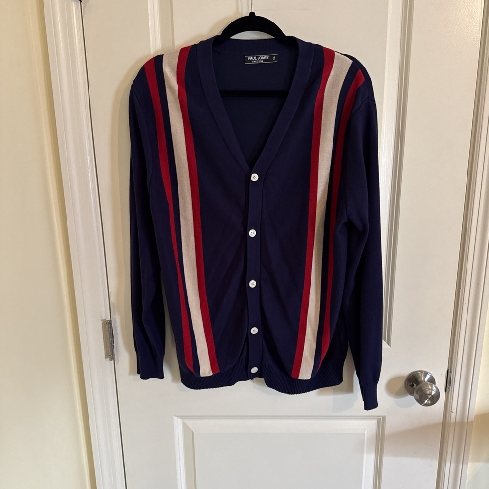PJ Paul Jones Men's Knit Sweater Cardigan Button Down Blue Red Cream  XL Retro
